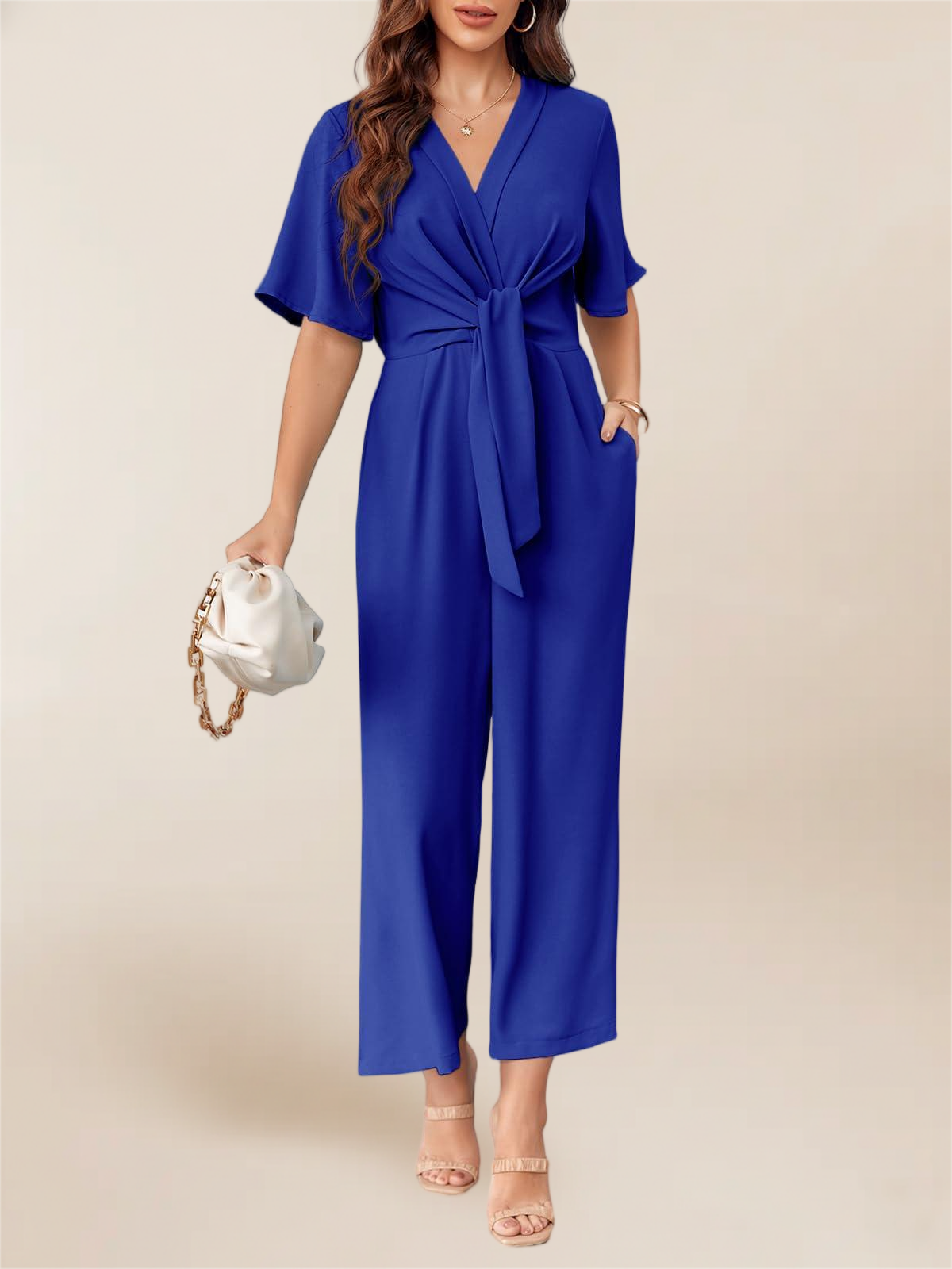 Imily Bela Women's Elegant V Neck Jumpsuits Dressy Casual Short Sleeve Wide Leg Long Pants Rompers