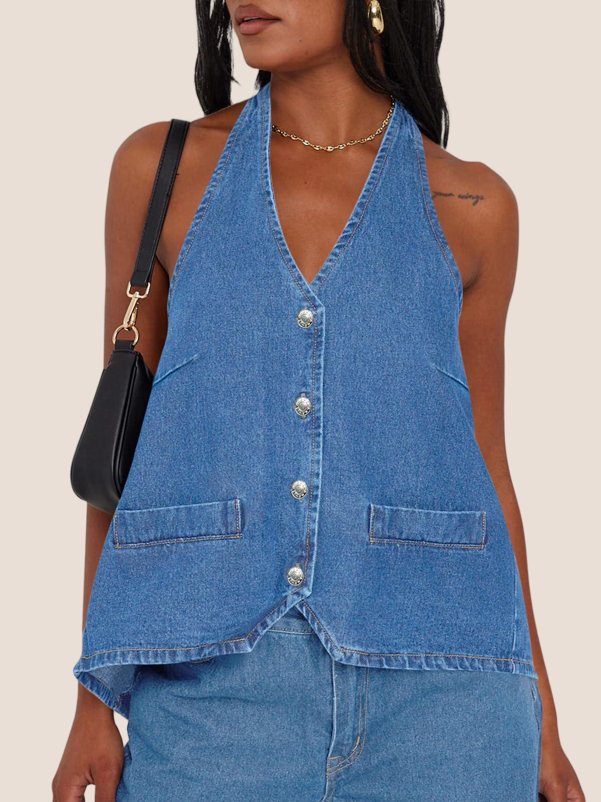 Imily Bela Womens Halter Denim Vest Tops Summer Open Back Y2K Going Out Tank Tops V Neck Button Down Jean Shirts