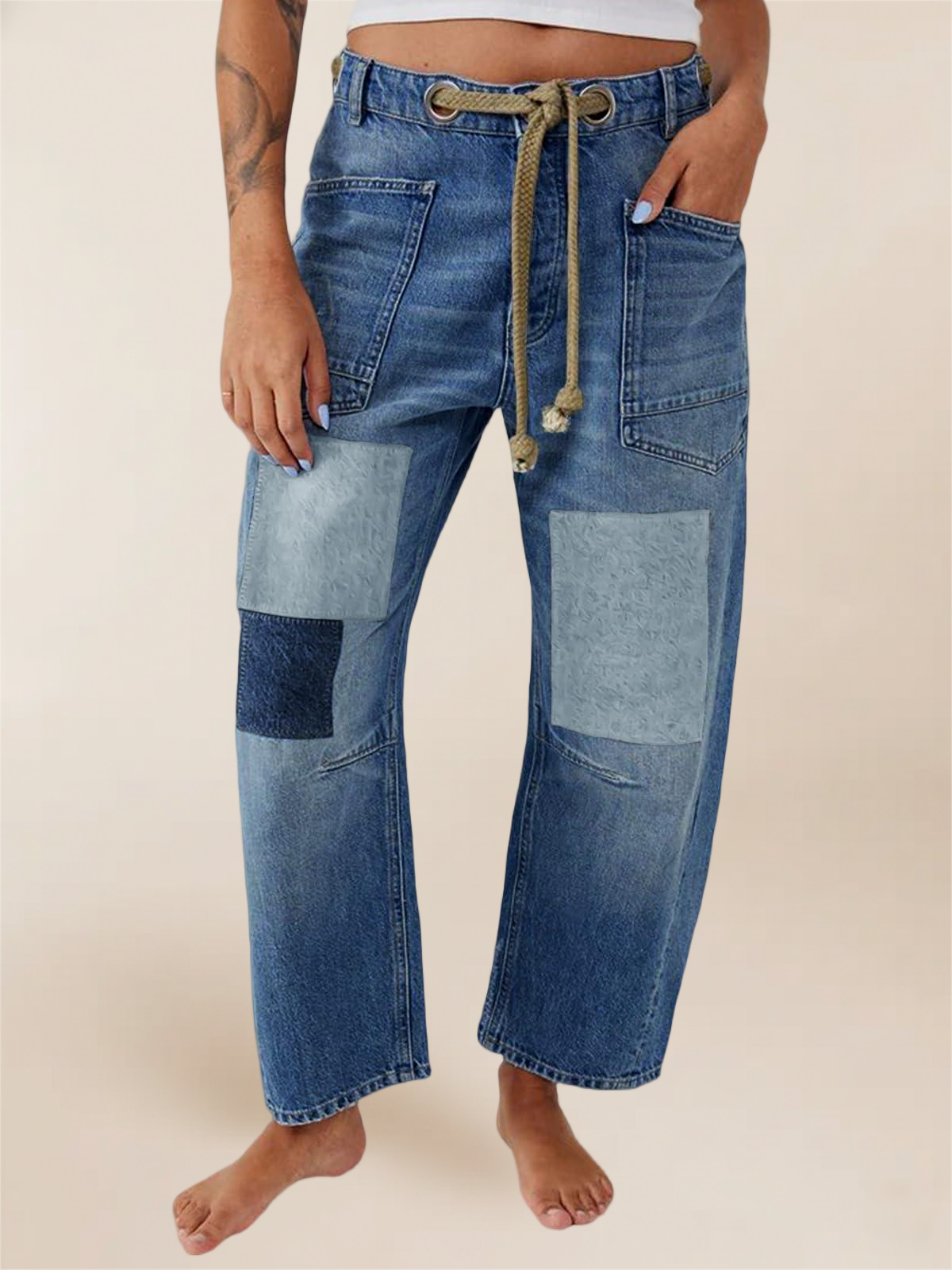 Imily Bela Womens Baggy Barrel Horseshoe Jeans Wide Leg Patchwork Low Rise Denim Pants with Pockets