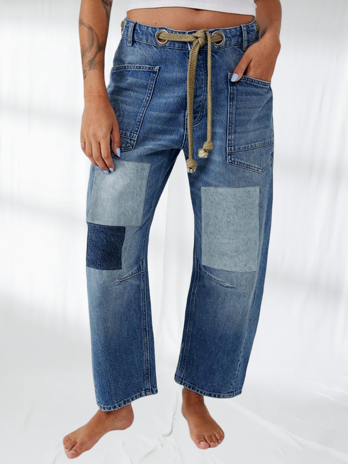 Imily Bela Womens Baggy Barrel Horseshoe Jeans Wide Leg Patchwork Low Rise Denim Pants with Pockets