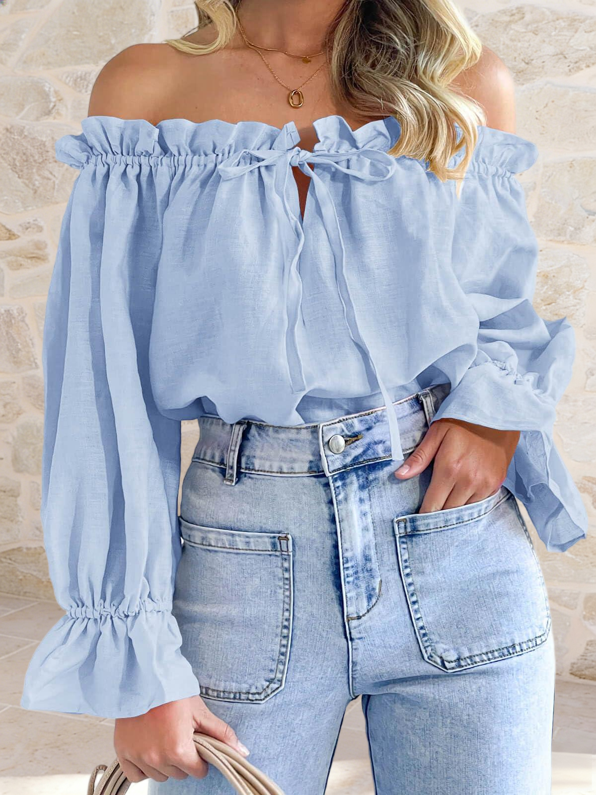 Imily Bela Womens Off The Shoulder Tops Puff Long Sleeve Tie Front Loose Fit Ruffle Shirts Blouses