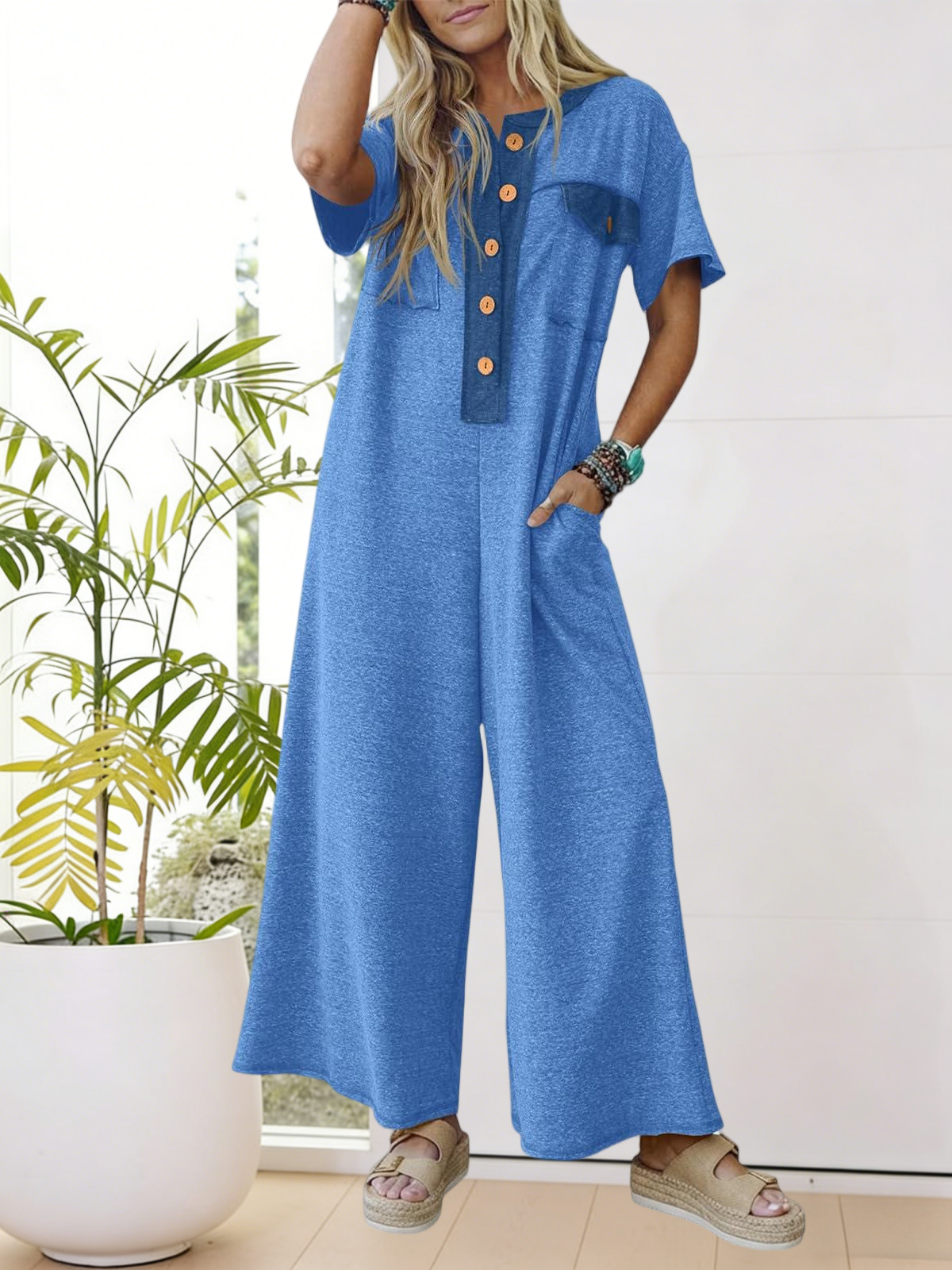 Imily Bela Womens Casual Loose Jumpsuits Short Sleeve V-Neck Button Down One Piece Outfits Wide Leg Summer Long Pant Rompers