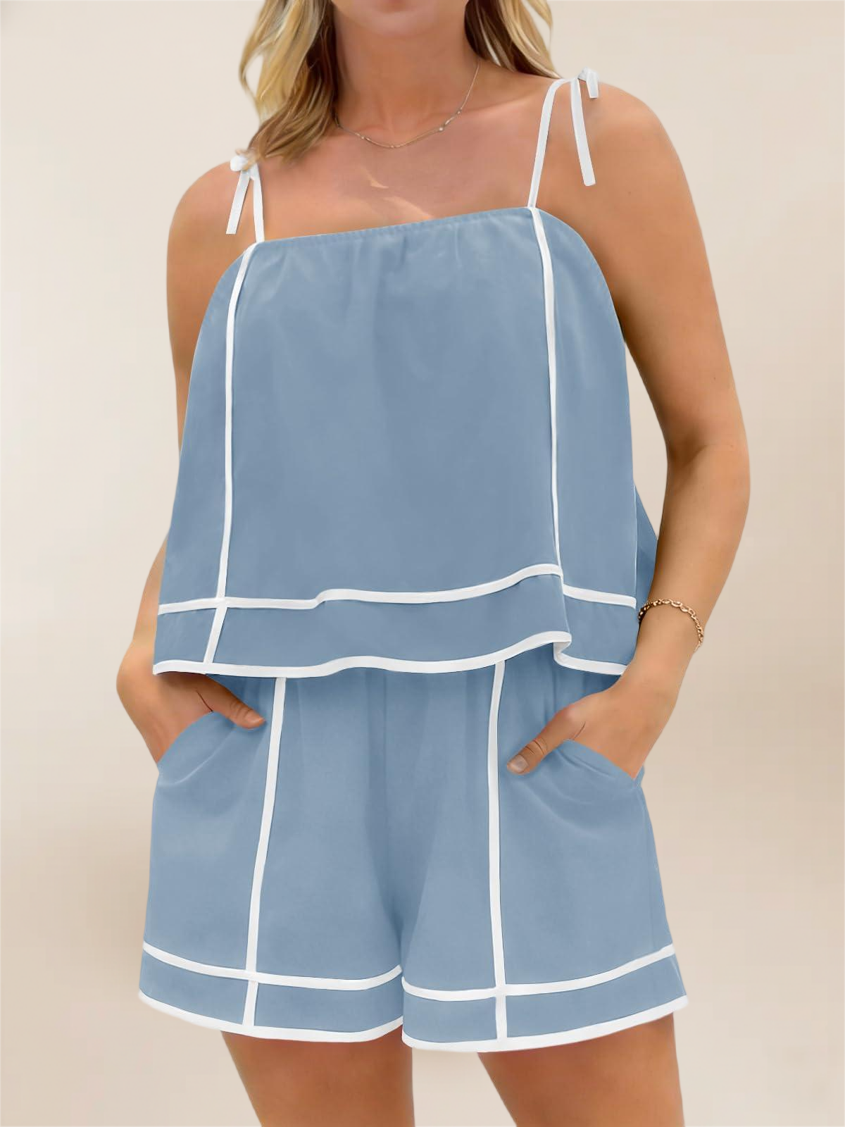 Imily Bela Women 2 Piece Lounge Sets Summer Casual Tie Strap Vacation Top Shorts Set With Pockets