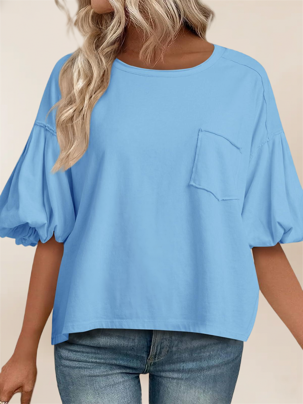 Imily Bela Womens Puff Sleeve Tops Crew Neck Drop Shoulder Pocket T-Shirt Summer Casual Tees Loose Fit Blouse