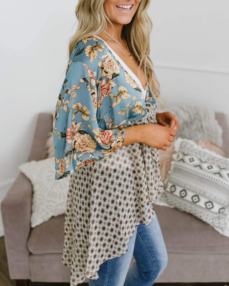 Imily Bela Women Floral Kimono Cardigans 3/4 Ruffle Sleeve Lightweight Patchwork Flowy Boho Tie Loose Cover Ups
