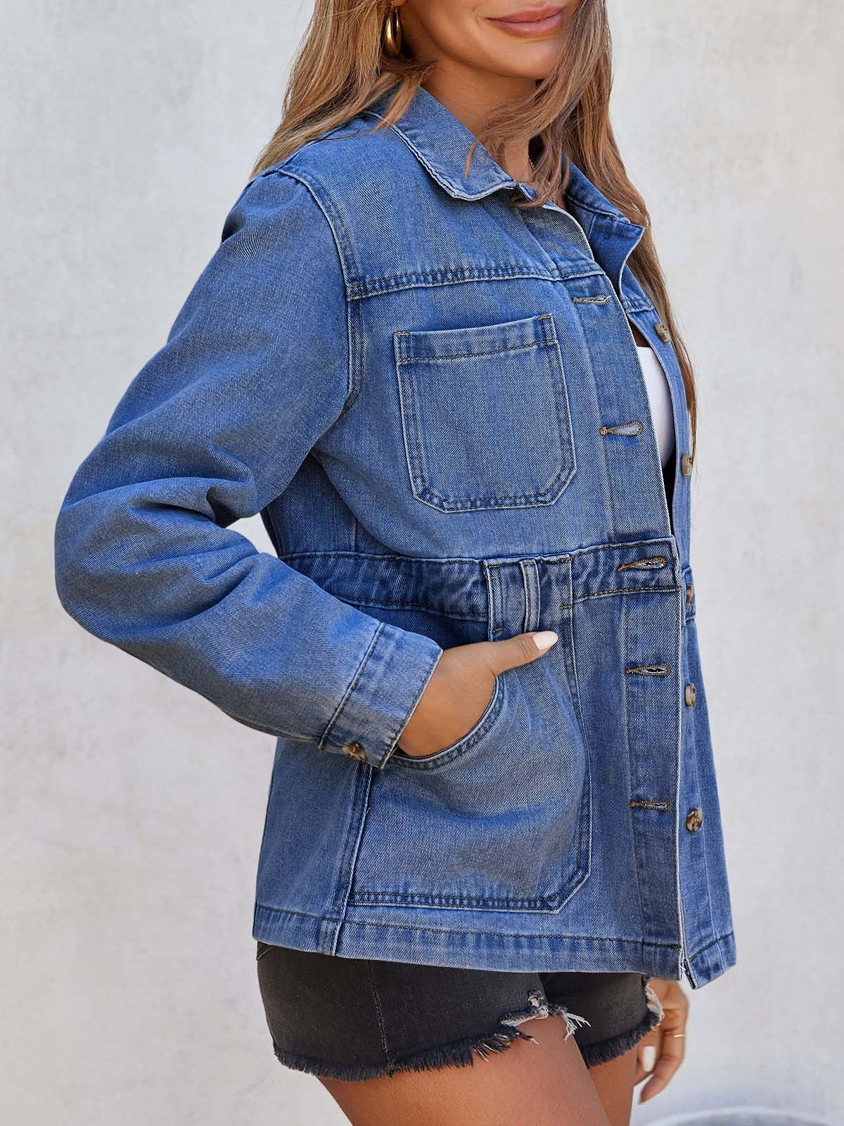 Imily Bela Denim Jacket for Women Distressed Jean Jacket Button Down Oversized Shacket with Pockets