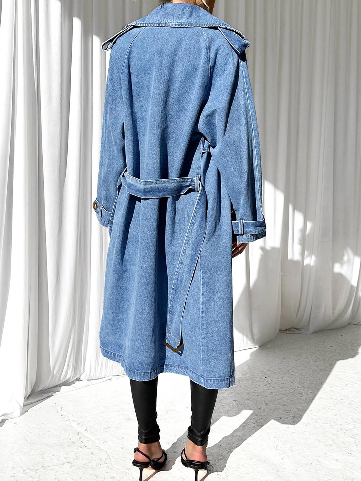 Imily Bela Women's Long Double Breasted Denim Jacket Oversized Button Down Maxi Jean Coat Classic Lapel Outercoat