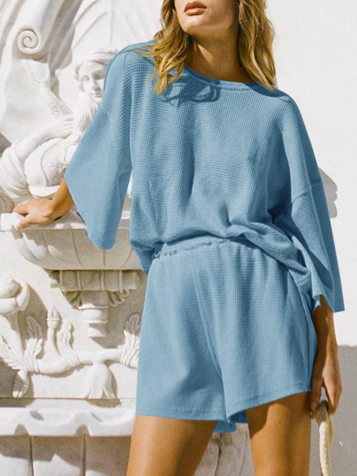 Imily Bela Womens Short Sets 2 Piece Outfits 3/4 Sleeve Tops and Elastic Waist Shorts Lounge Set Casual Loungewear