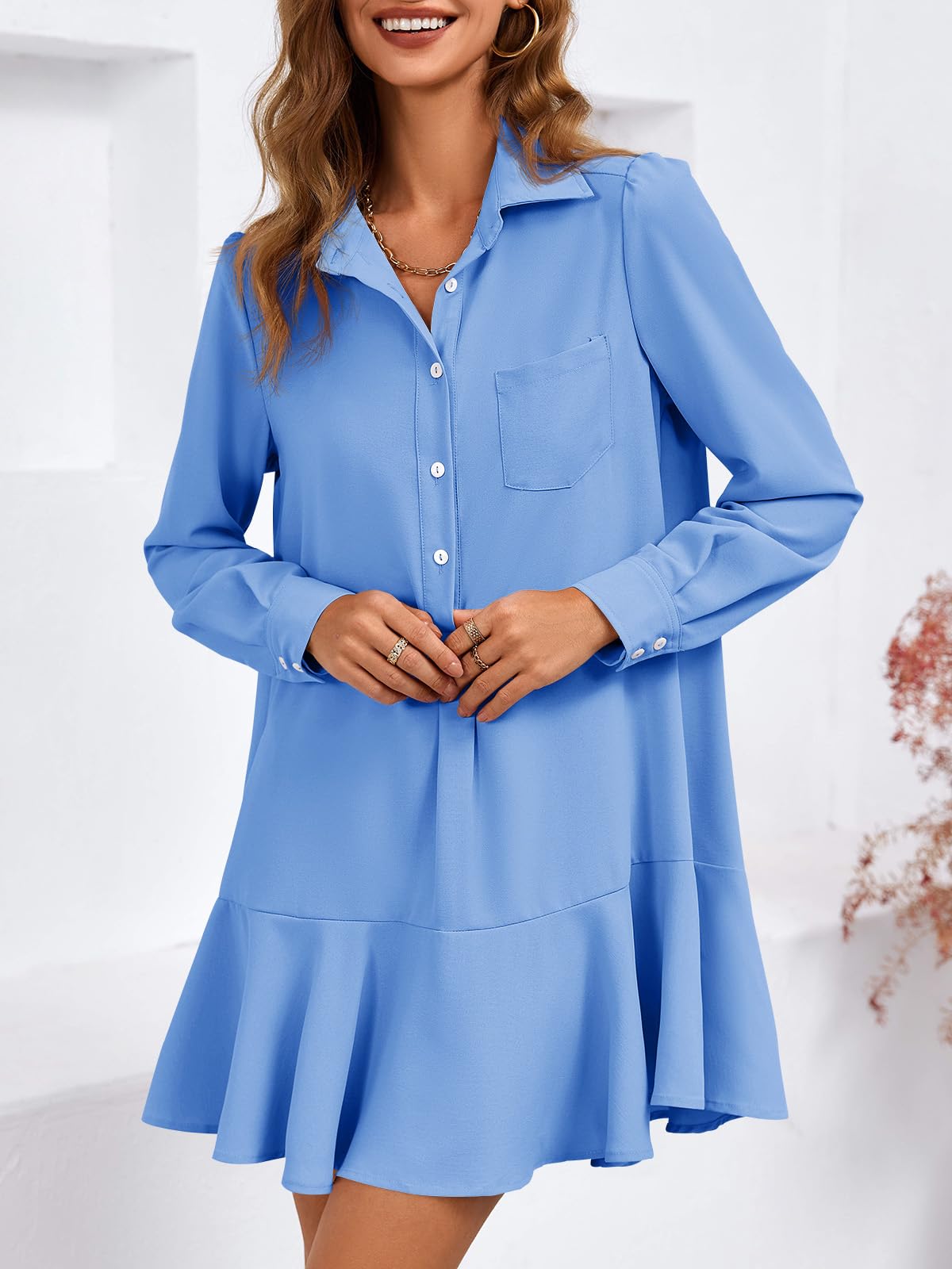 Imily Bela Womens Casual Button Down Shirt Dress Long Sleeve Collared Pleated Swing Mini Dresses