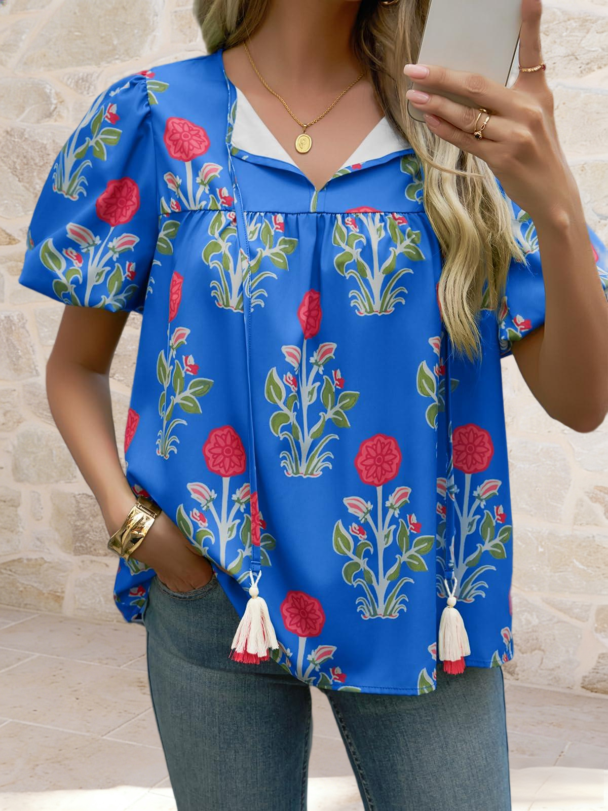 Imily Bela Womens Boho Floral Blouses Short Puff Sleeve V Neck Babydoll Shirts Flowy Tie Front Tops