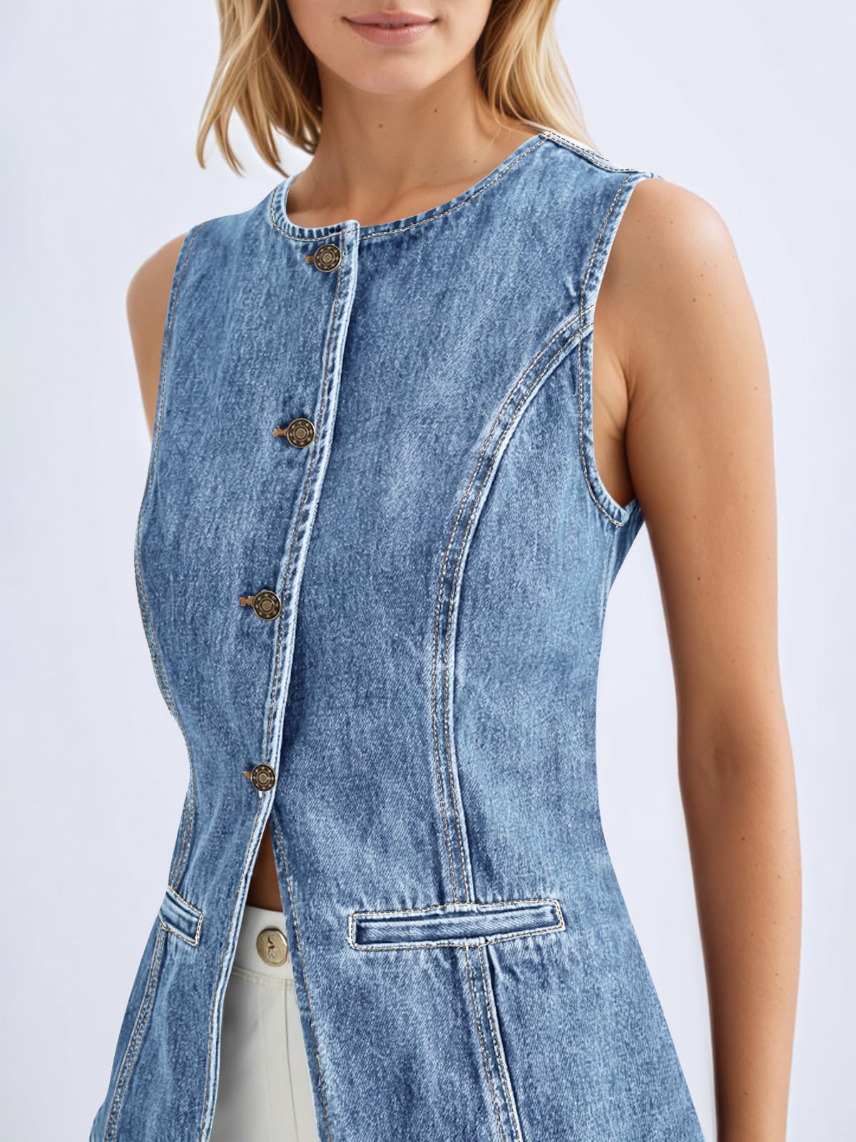 Imily Bela Womens Button Down Denim Vest Trendy Fitted Sleeveless Jean Tank Tops Crew Neck Waistcoat
