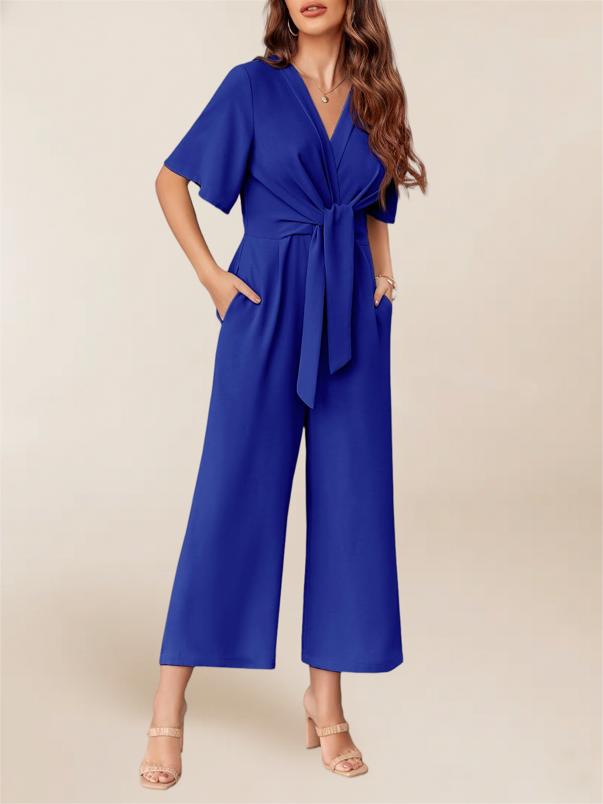 Imily Bela Women's Elegant V Neck Jumpsuits Dressy Casual Short Sleeve Wide Leg Long Pants Rompers