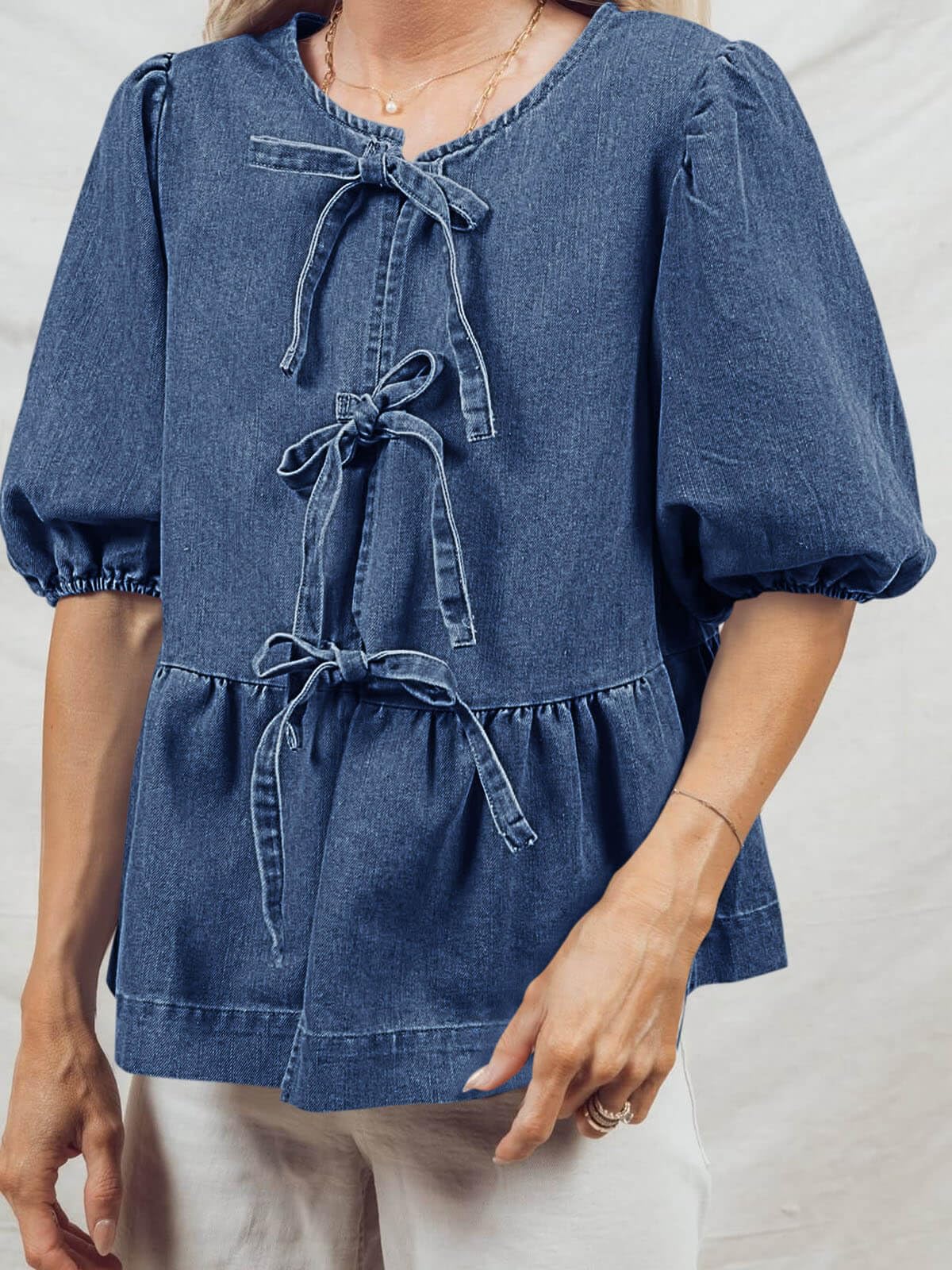 Imily Bela Womens Denim Tie Front Tops Babydoll Peplum Puff Sleeve Jean Shirts Crew Neck Summer Casual Bow Blouses