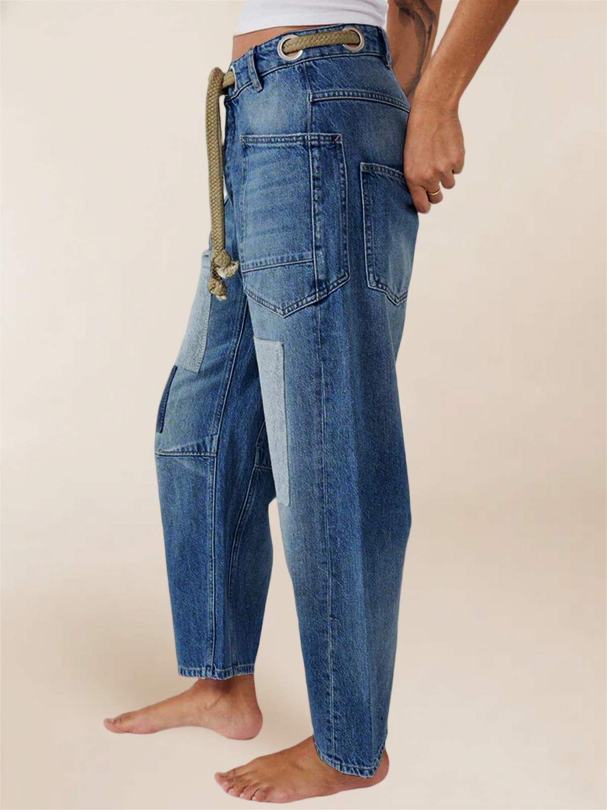 Imily Bela Womens Baggy Barrel Horseshoe Jeans Wide Leg Patchwork Low Rise Denim Pants with Pockets