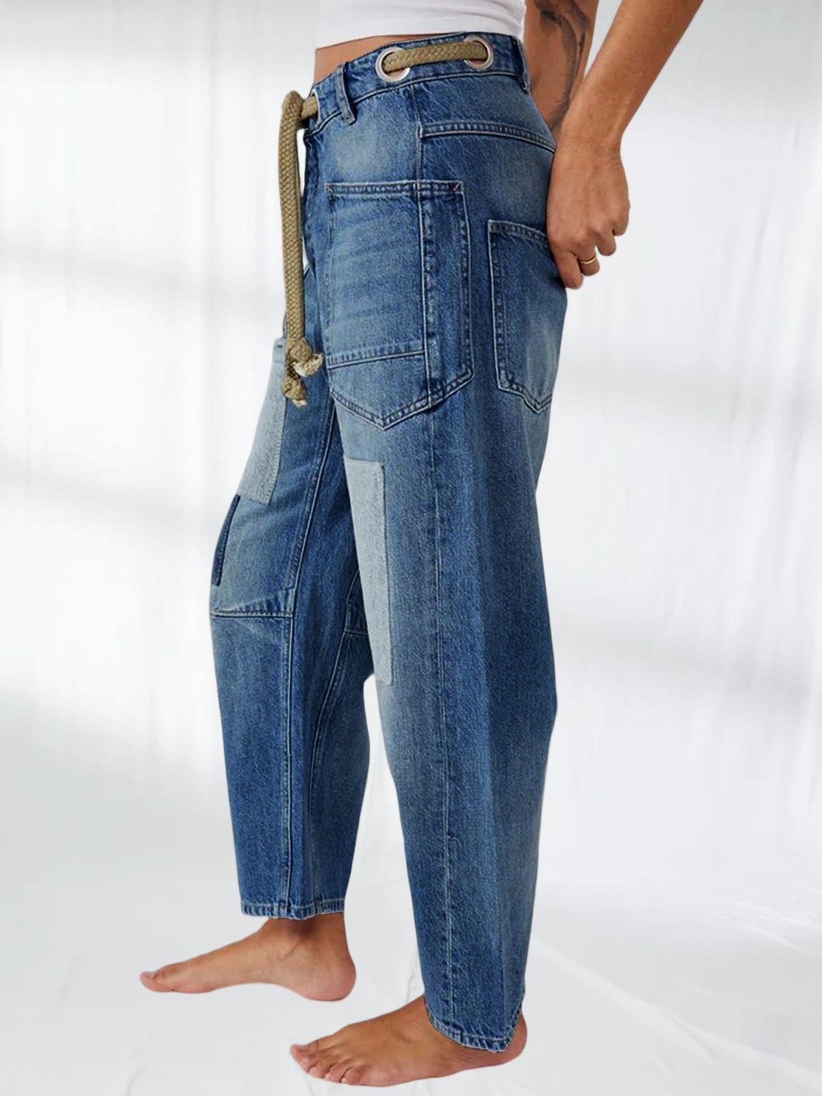 Imily Bela Womens Baggy Barrel Horseshoe Jeans Wide Leg Patchwork Low Rise Denim Pants with Pockets