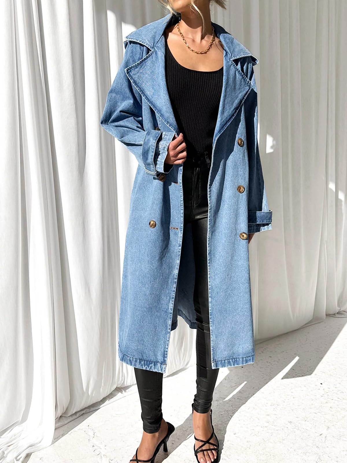 Imily Bela Women's Long Double Breasted Denim Jacket Oversized Button Down Maxi Jean Coat Classic Lapel Outercoat