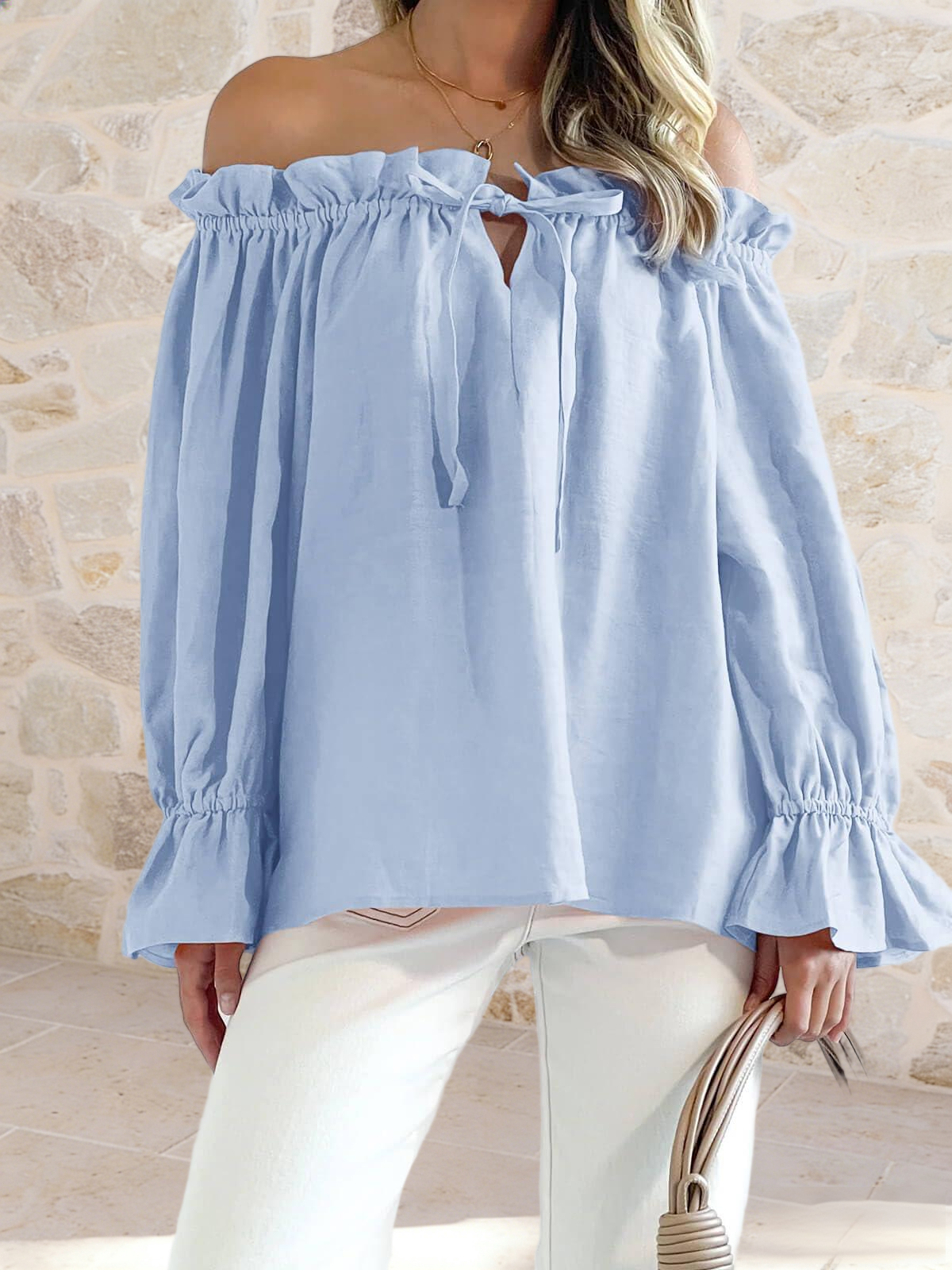 Imily Bela Womens Off The Shoulder Tops Puff Long Sleeve Tie Front Loose Fit Ruffle Shirts Blouses