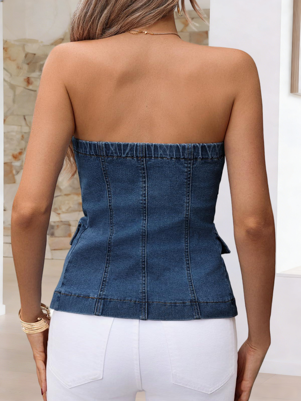 Imily Bela Womens Strapless Denim Vest Summer Button Down Jean Tube Tops Y2k Going Out Fitted Bandeau Shirts Waistcoat