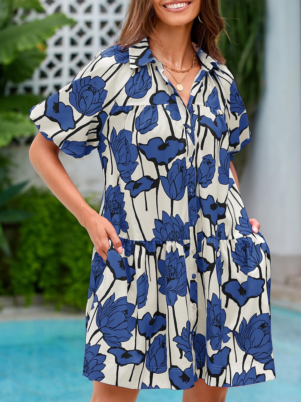 Imily Bela Women's Summer Button Down Shirt Dress Floral Puff Short Sleeve Casual Loose Fit Beach Mini Dresses