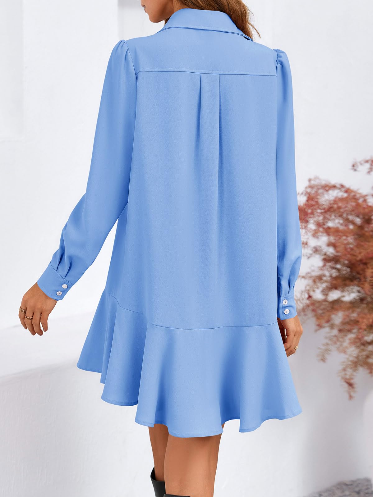 Imily Bela Womens Casual Button Down Shirt Dress Long Sleeve Collared Pleated Swing Mini Dresses