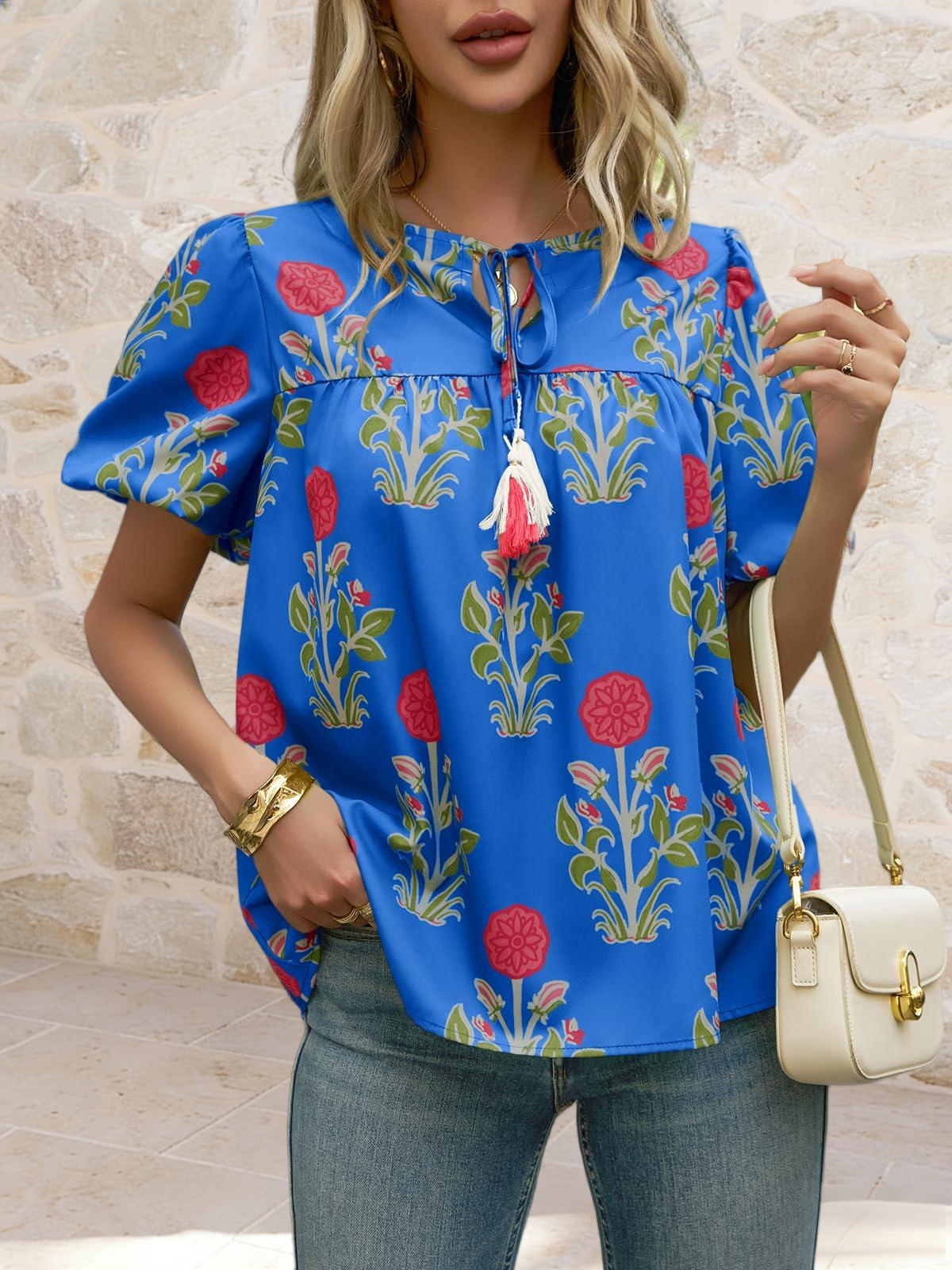 Imily Bela Womens Boho Floral Blouses Short Puff Sleeve V Neck Babydoll Shirts Flowy Tie Front Tops