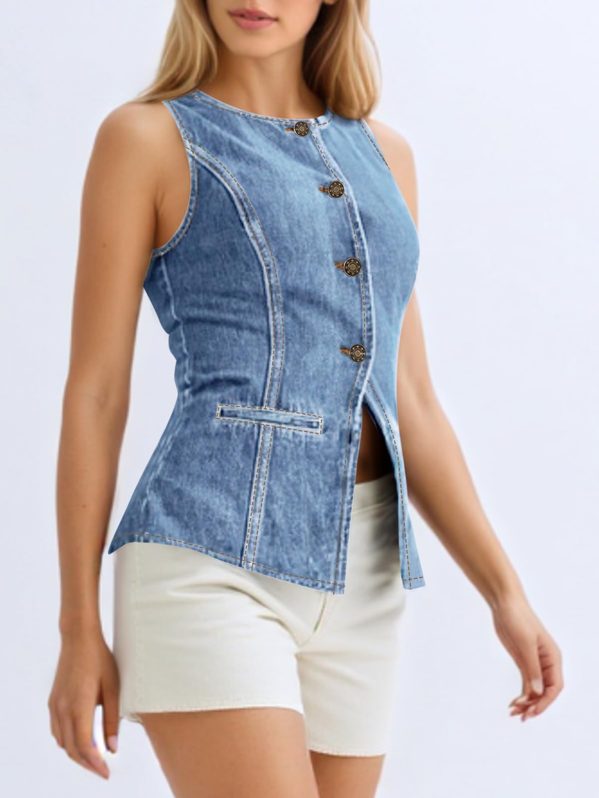 Imily Bela Womens Button Down Denim Vest Trendy Fitted Sleeveless Jean Tank Tops Crew Neck Waistcoat