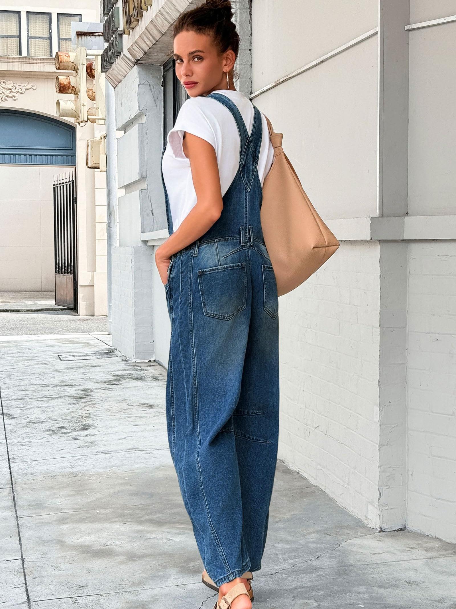 Imily Bela Womens Denim Bib Overalls Barrel Leg Adjustable Strap Jean Pants Jumpsuits with Pockets