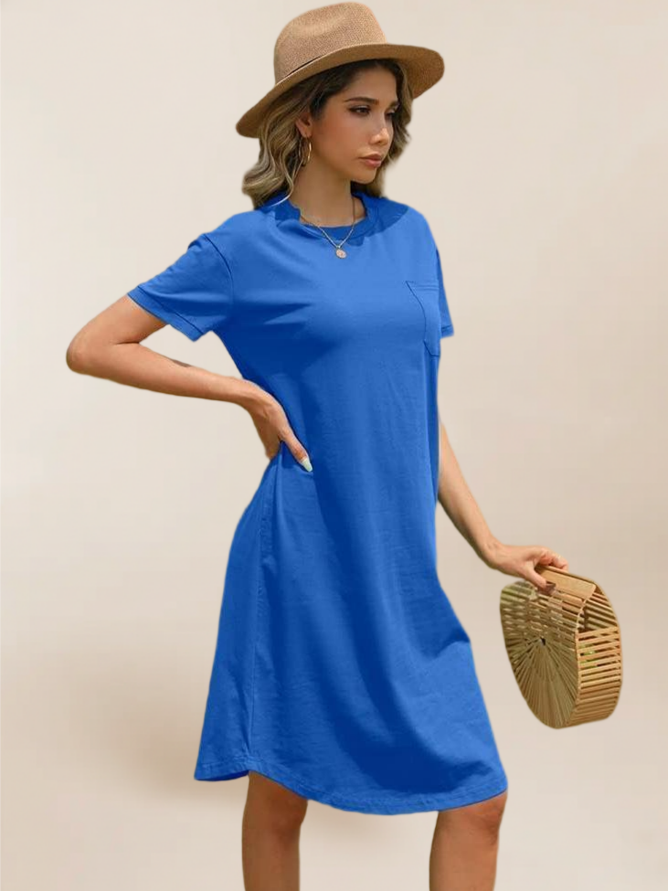 Imily Bela Summer Dress For Women Crew Neck Short Sleeve Solid Basic T-Shirts Casual Midi Dresses With Pocket