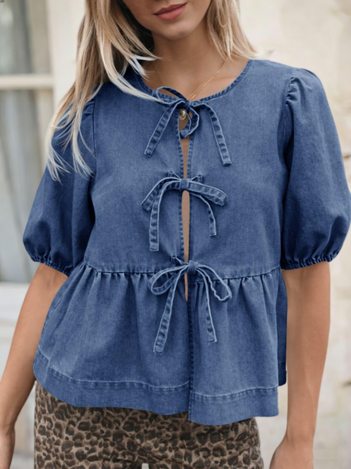 Imily Bela Womens Denim Tie Front Tops Babydoll Peplum Puff Sleeve Jean Shirts Crew Neck Summer Casual Bow Blouses