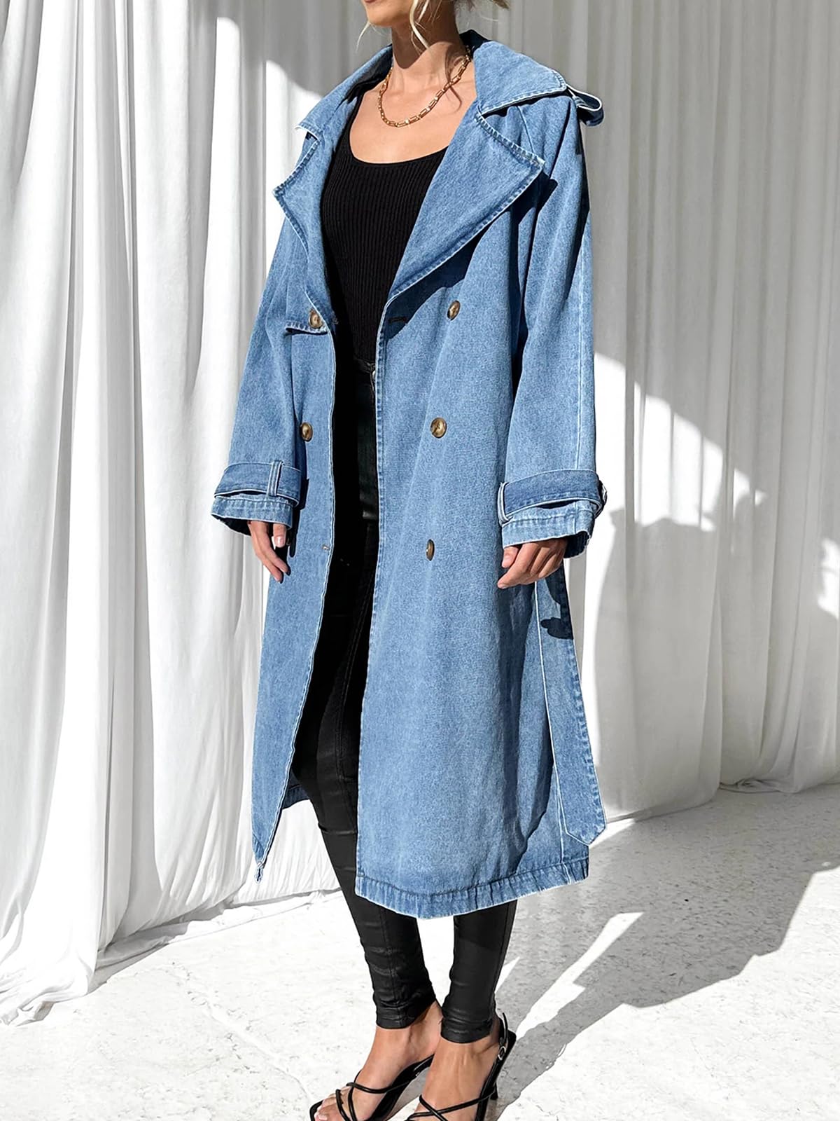 Imily Bela Women's Long Double Breasted Denim Jacket Oversized Button Down Maxi Jean Coat Classic Lapel Outercoat