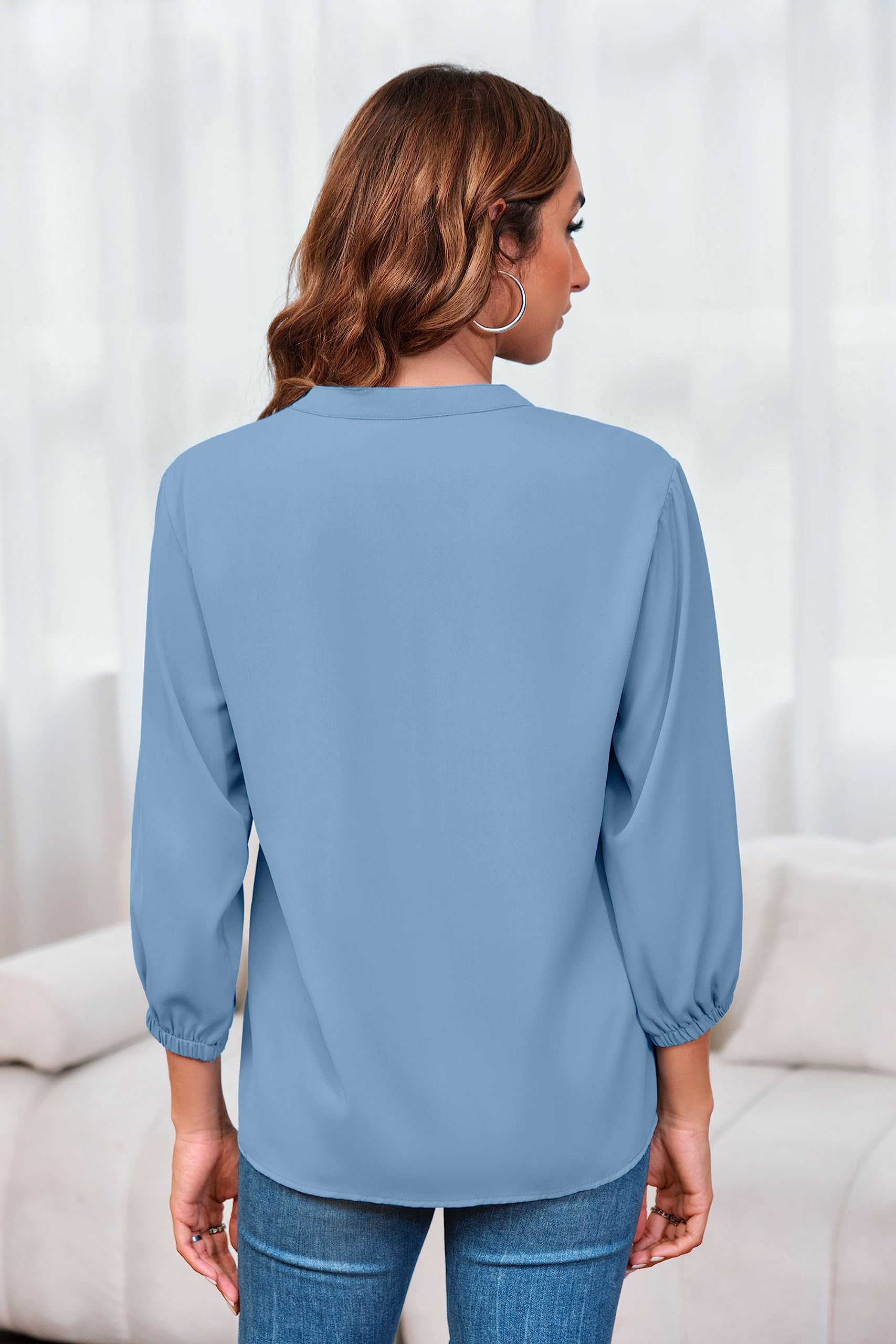 Imily Bela Womens V-Neck Lantern Sleeve Blouse Zipper Design Loose Casual Top Shirts