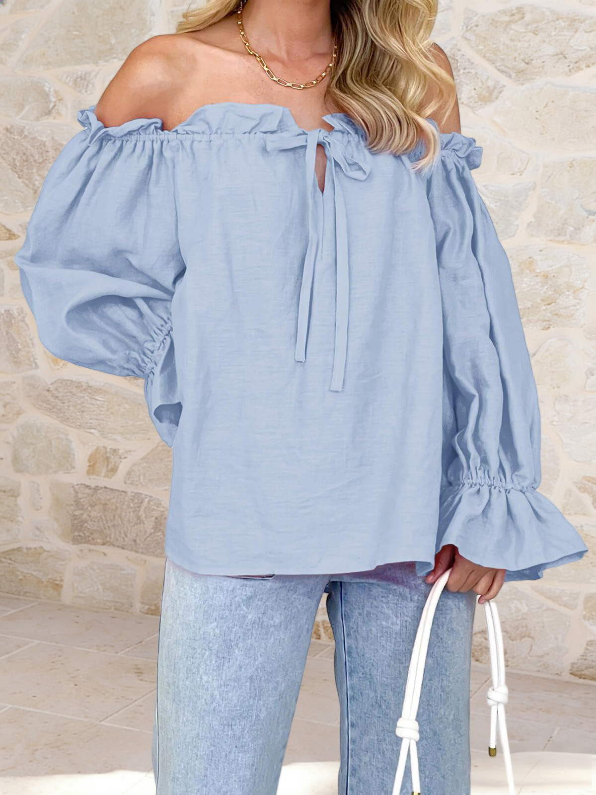 Imily Bela Womens Off The Shoulder Tops Puff Long Sleeve Tie Front Loose Fit Ruffle Shirts Blouses