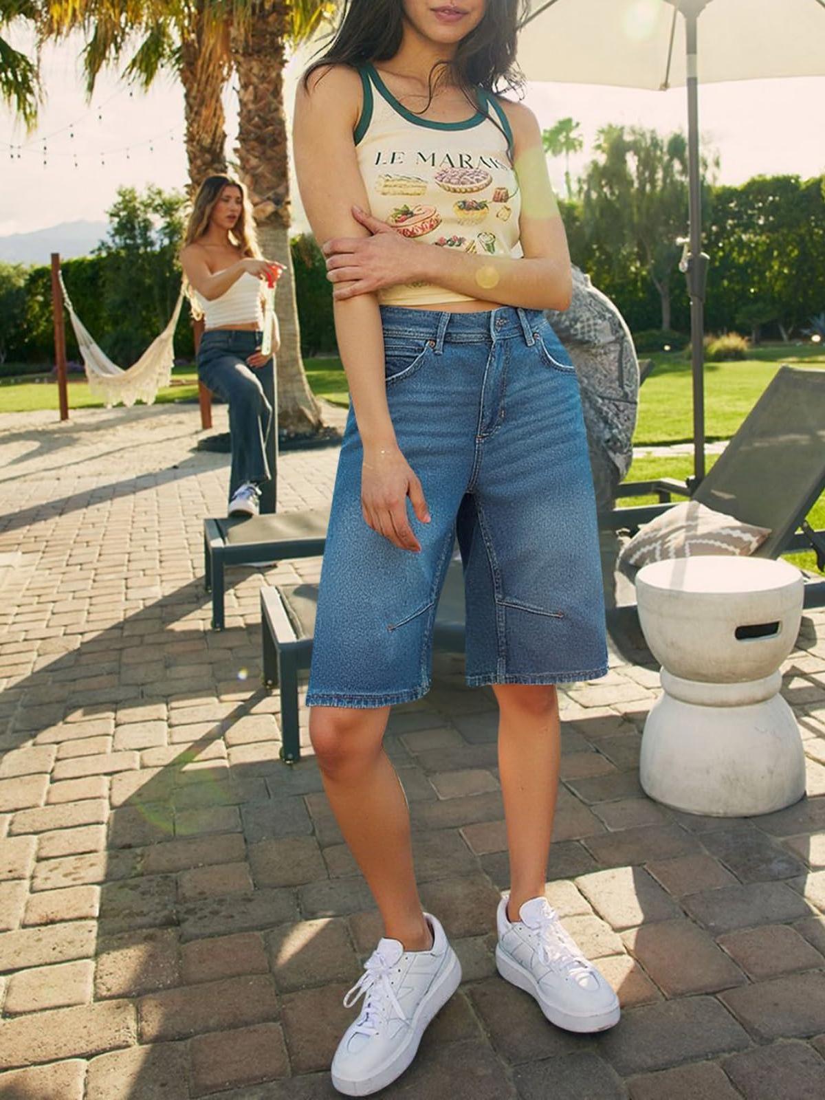 Imily Bela Womens Summer Wide Leg Denim Shorts Casual Loose Mid Rise Jorts Bermuda Knee Length Jeans Shorts