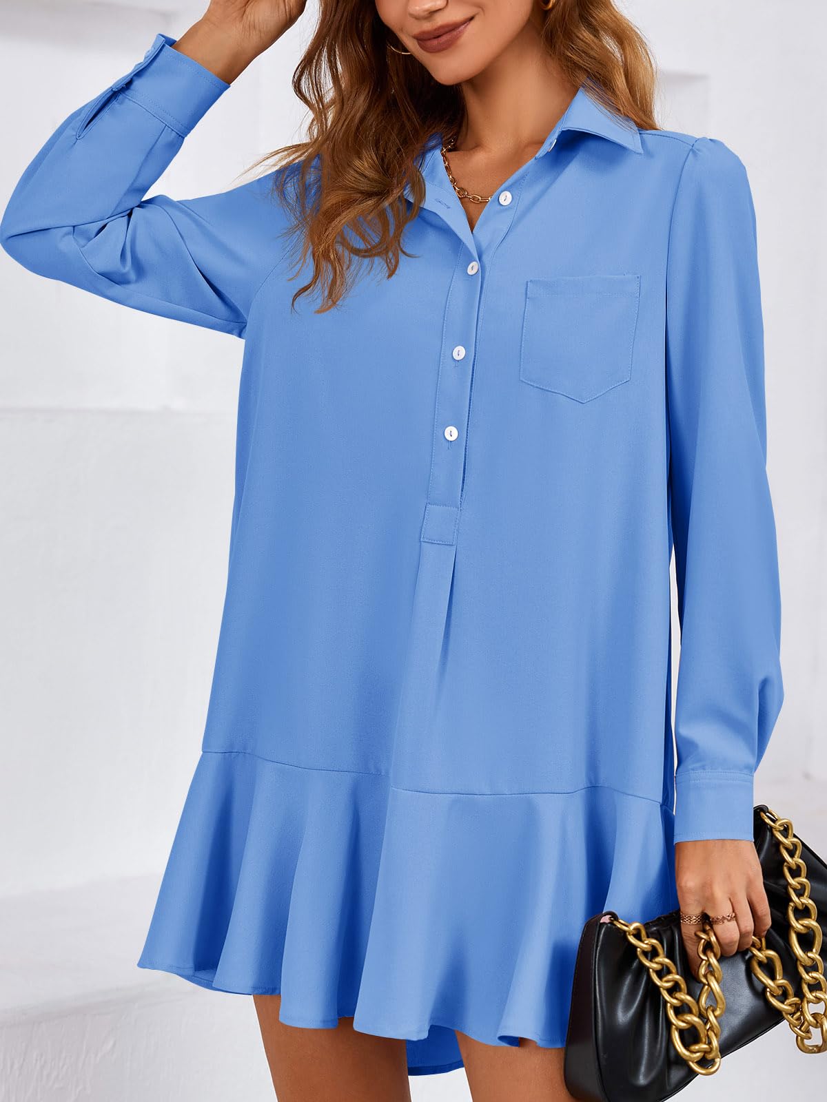 Imily Bela Womens Casual Button Down Shirt Dress Long Sleeve Collared Pleated Swing Mini Dresses