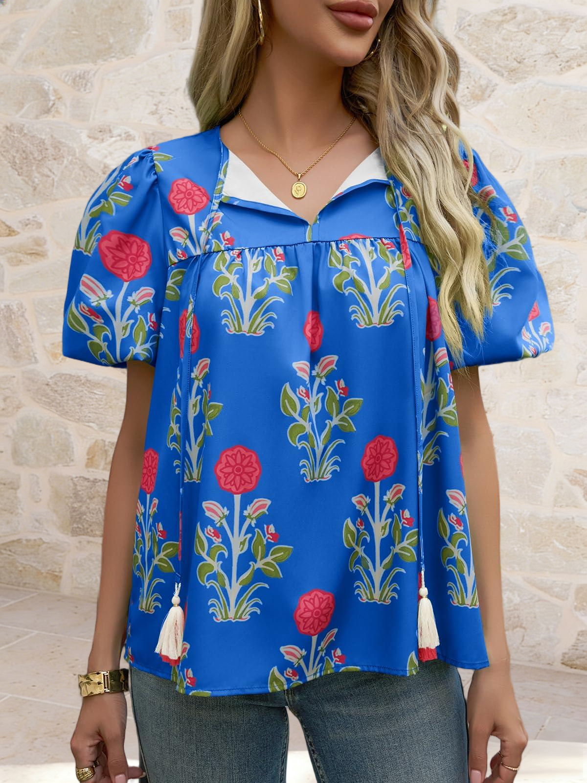 Imily Bela Womens Boho Floral Blouses Short Puff Sleeve V Neck Babydoll Shirts Flowy Tie Front Tops