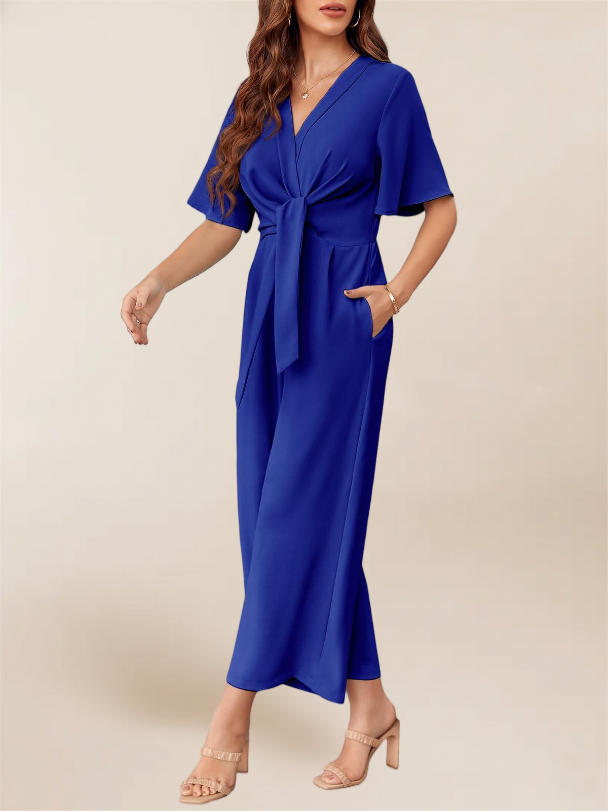 Imily Bela Women's Elegant V Neck Jumpsuits Dressy Casual Short Sleeve Wide Leg Long Pants Rompers