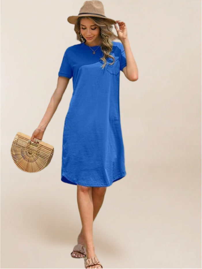 Imily Bela Summer Dress For Women Crew Neck Short Sleeve Solid Basic T-Shirts Casual Midi Dresses With Pocket