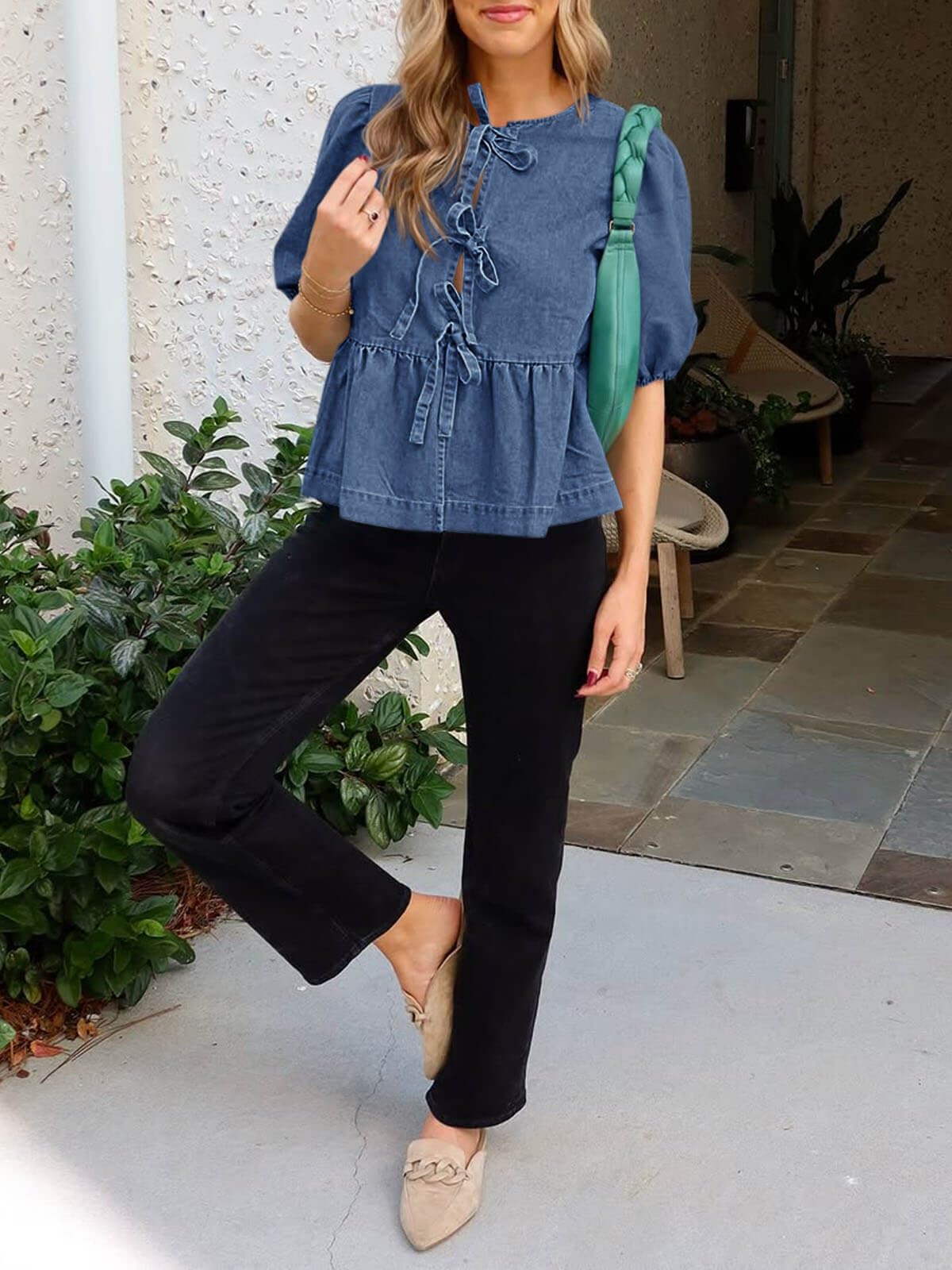 Imily Bela Womens Denim Tie Front Tops Babydoll Peplum Puff Sleeve Jean Shirts Crew Neck Summer Casual Bow Blouses