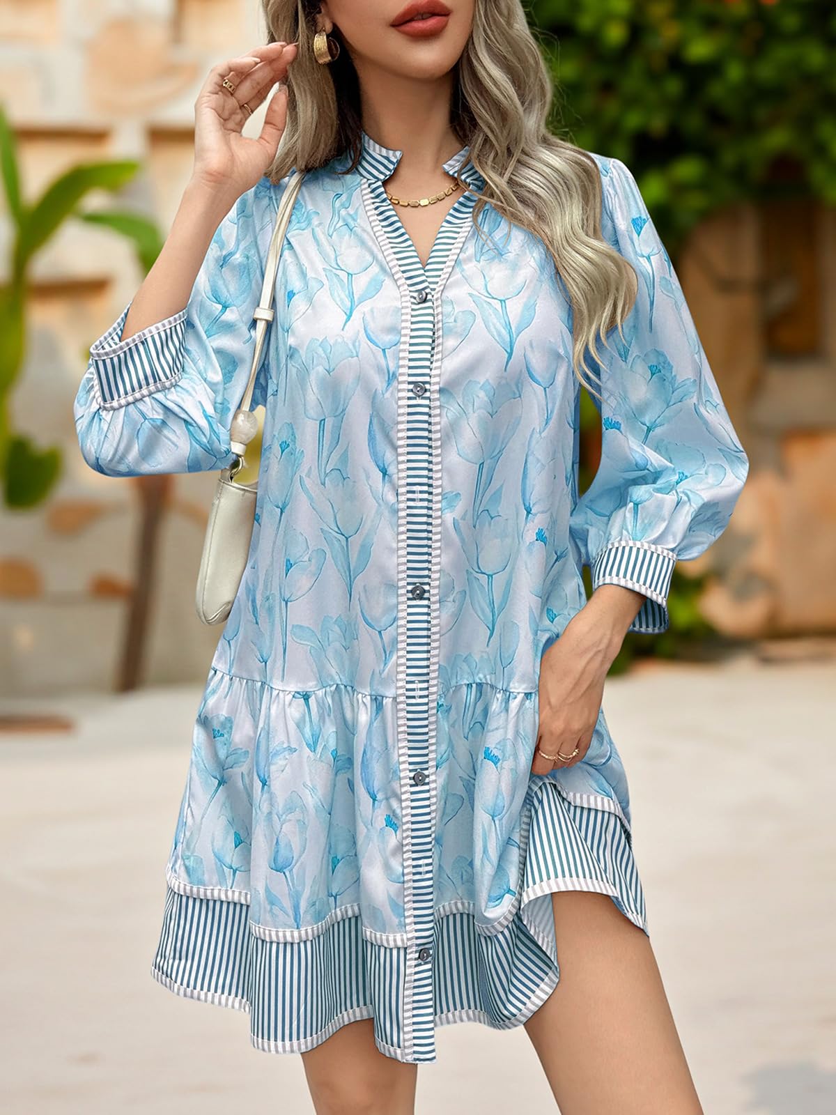 Imily Bela Women's Floral Boho Mini Dress 3/4 Long Sleeve V Neck Casual Button Down Shirt Dresses