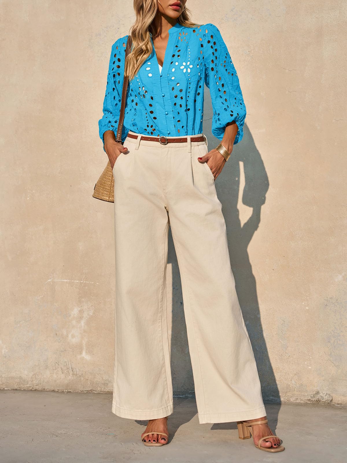 Imily Bela Womens Deep V Neck Eyelet Blouses 3/4 Balloon Sleeve Button Down Hollow Out Fall Shirts