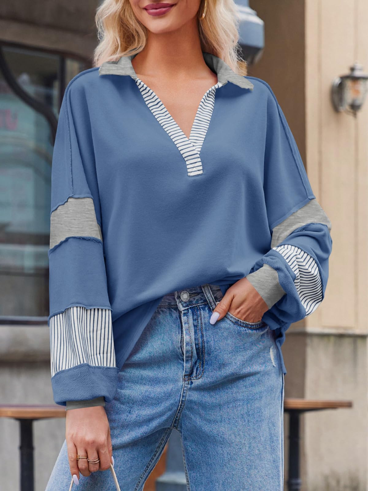 Imily Bela Womens Color Block Oversized Sweatshirt Polo V Neck Long Sleeve Shirts Casual Loose Pullover Tops