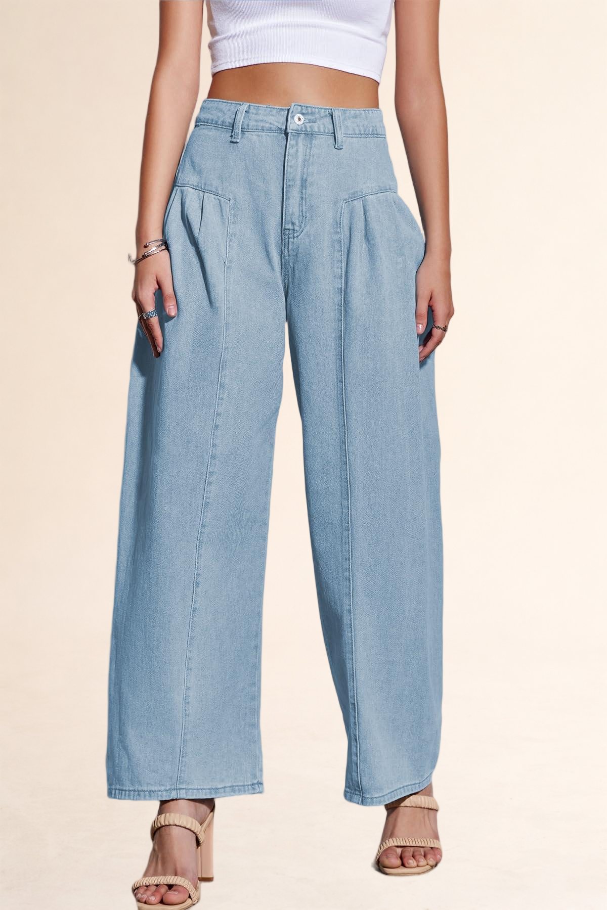 Imily Bela Womens Baggy High Waisted Jeans Loose Boyfriend Wide Leg Side Pleated Denim Pants