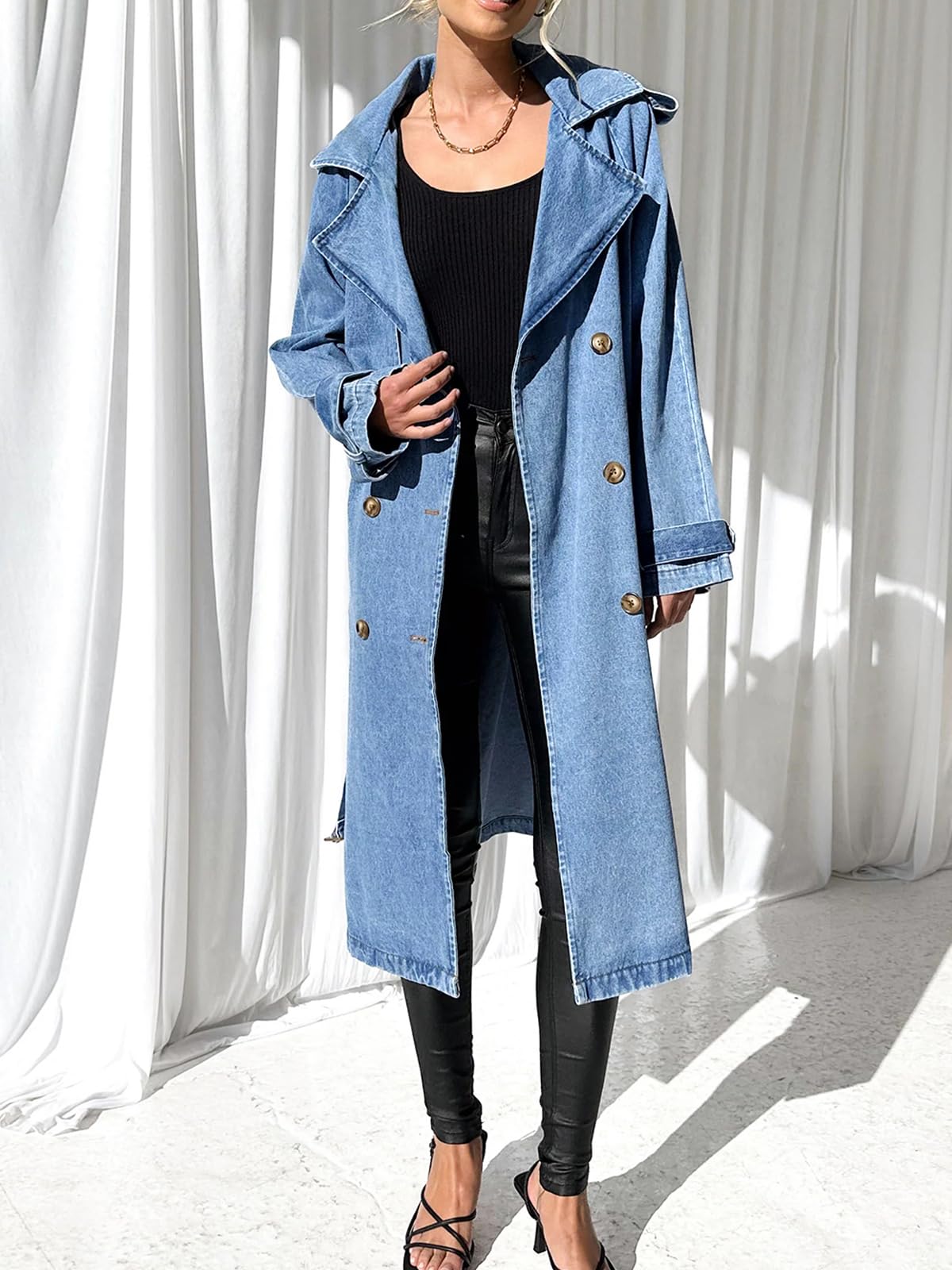 Imily Bela Women's Long Double Breasted Denim Jacket Oversized Button Down Maxi Jean Coat Classic Lapel Outercoat