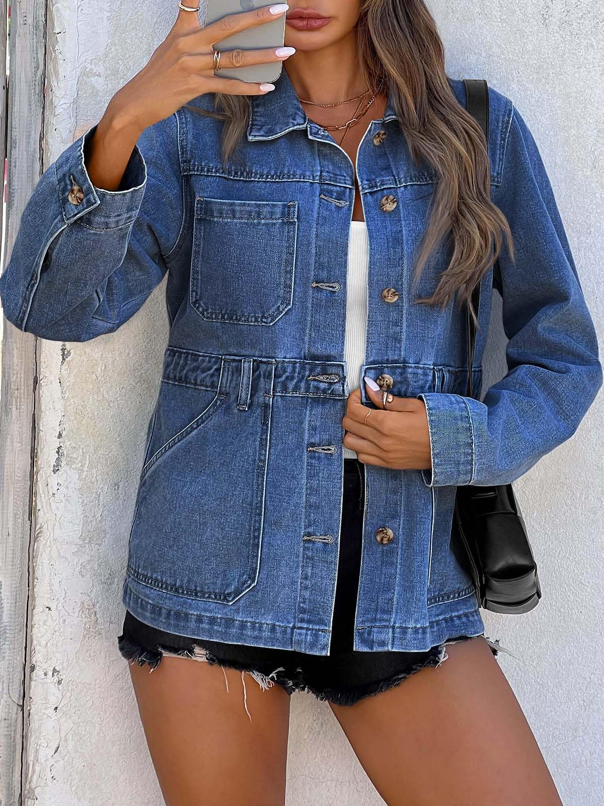 Imily Bela Denim Jacket for Women Distressed Jean Jacket Button Down Oversized Shacket with Pockets