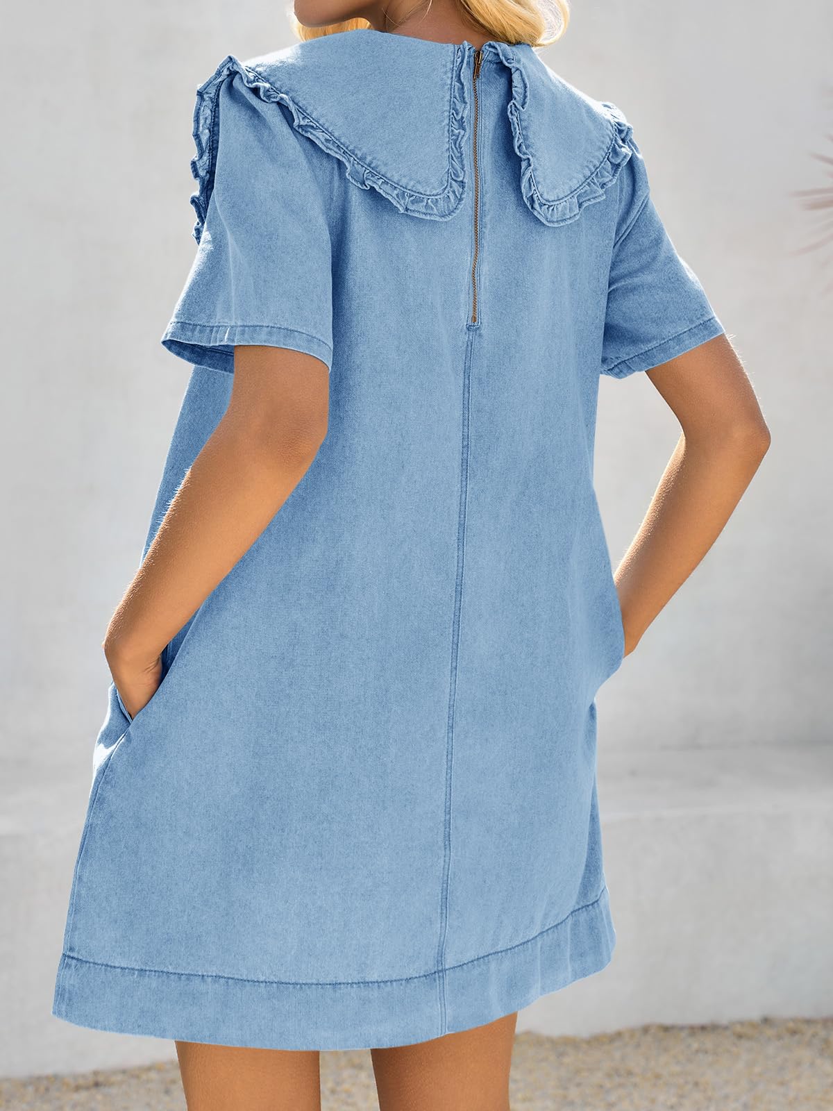 Imily Bela Womens Summer Denim Mini Dress Oversized Peter Pan Collar Short Sleeve Casual Flowy Babydoll Jean Dresses