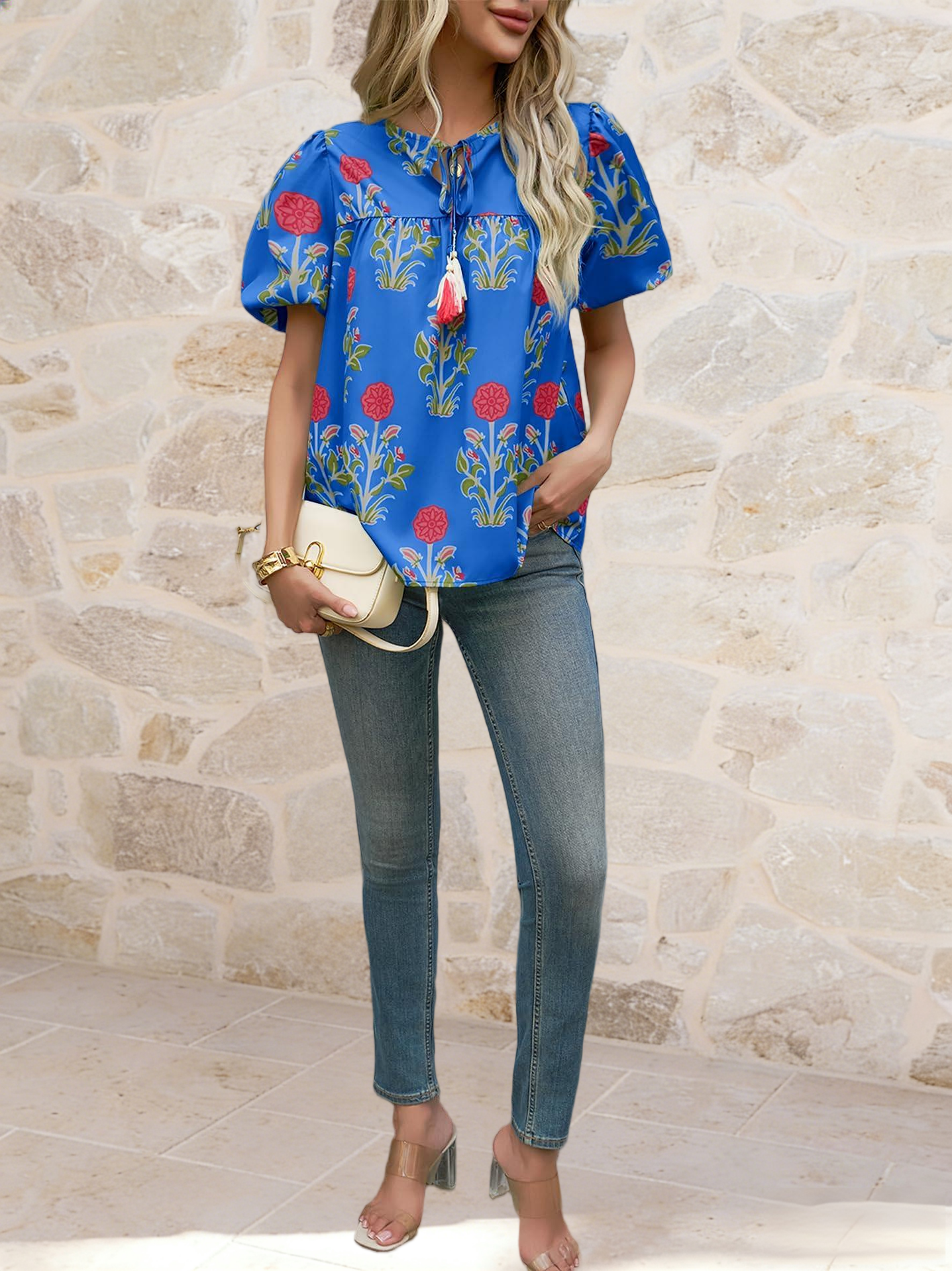 Imily Bela Womens Boho Floral Blouses Short Puff Sleeve V Neck Babydoll Shirts Flowy Tie Front Tops