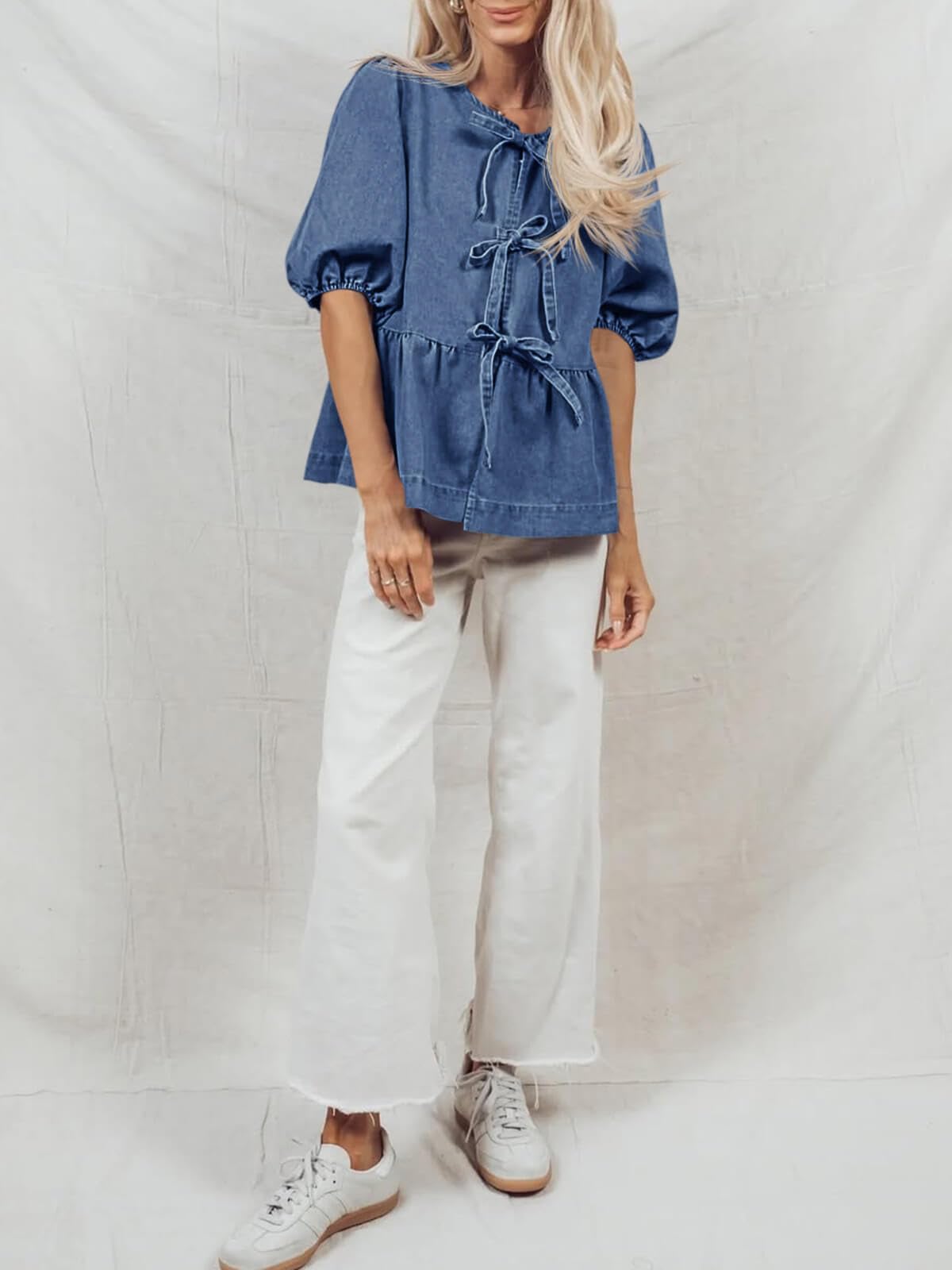 Imily Bela Womens Denim Tie Front Tops Babydoll Peplum Puff Sleeve Jean Shirts Crew Neck Summer Casual Bow Blouses
