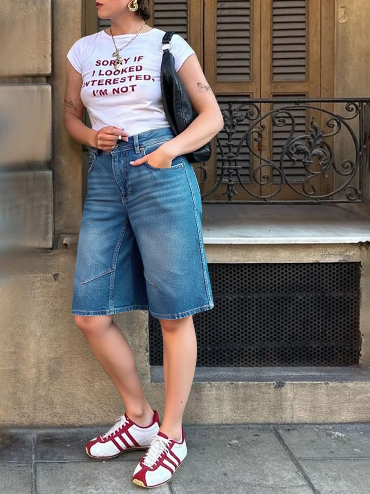 Imily Bela Womens Summer Wide Leg Denim Shorts Casual Loose Mid Rise Jorts Bermuda Knee Length Jeans Shorts