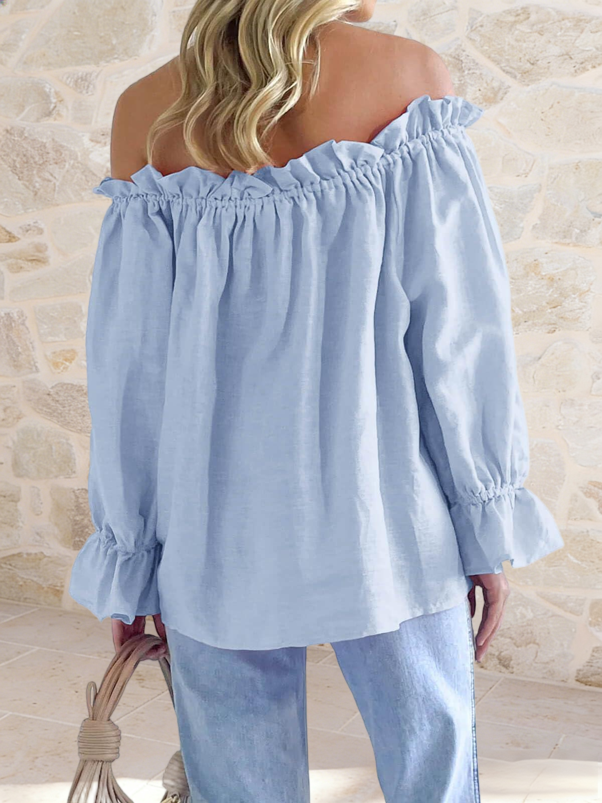 Imily Bela Womens Off The Shoulder Tops Puff Long Sleeve Tie Front Loose Fit Ruffle Shirts Blouses