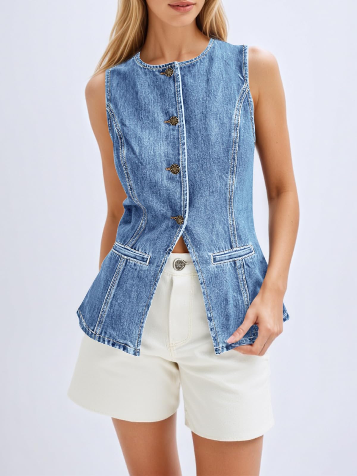 Imily Bela Womens Button Down Denim Vest Trendy Fitted Sleeveless Jean Tank Tops Crew Neck Waistcoat